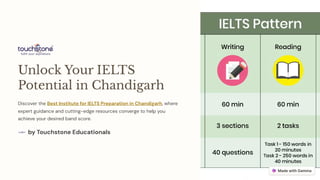 Unlock Your IELTS
Potential in Chandigarh
Discover the Best Institute for IELTS Preparation in Chandigarh, where
expert guidance and cutting-edge resources converge to help you
achieve your desired band score.
by Touchstone Educationals
 