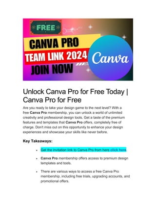 Unlock Canva Pro for Free Today |
Canva Pro for Free
Are you ready to take your design game to the next level? With a
free Canva Pro membership, you can unlock a world of unlimited
creativity and professional design tools. Get a taste of the premium
features and templates that Canva Pro offers, completely free of
charge. Don't miss out on this opportunity to enhance your design
experiences and showcase your skills like never before.
Key Takeaways:
 Get the invitation link to Canva Pro from here click here.
 Canva Pro membership offers access to premium design
templates and tools.
 There are various ways to access a free Canva Pro
membership, including free trials, upgrading accounts, and
promotional offers.
 