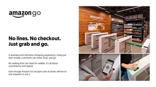No lines. No checkout.
Just grab and go.
A seamless and effortless shopping experience. Using just
their mobile, customers can enter, shop, and go.
No waiting lines. No need for wallets. It’s all about
convenience and speed.
Even though Amazon Go accepts cash at stores, almost no
one requests to use it.
 