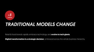 LEARNING
#3
TRADITIONAL MODELS CHANGE
Retail & food brands rapidly embrace technology and evolve to tech giants.
Digital transformation is a strategic decision; embraced across the whole business hierarchy.
 