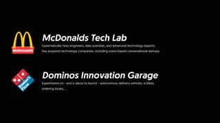 McDonalds Tech Lab
Systematically hires engineers, data scientists, and advanced technology experts.
Has acquired technology companies, including voice-based conversational startups.
Dominos Innovation Garage
Experiments on - and is about to launch - autonomous delivery vehicles, e-bikes,
ordering kiosks, …
 