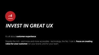 LEARNING
#4
INVEST IN GREAT UX
It's all about customer experience.
Despite the rich - and more and more accessible - technology, the No. 1 rule is: Focus on creating
value for your customer, for your brand, and for your team.
 