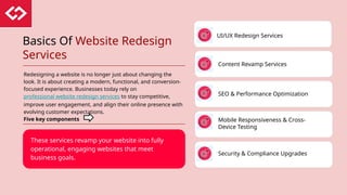 Basics Of Website Redesign
Services
Redesigning a website is no longer just about changing the
look. It is about creating a modern, functional, and conversion-
focused experience. Businesses today rely on
professional website redesign services to stay competitive,
improve user engagement, and align their online presence with
evolving customer expectations.
Five key components
These services revamp your website into fully
operational, engaging websites that meet
business goals.
UI/UX Redesign Services
Content Revamp Services
SEO & Performance Optimization
Mobile Responsiveness & Cross-
Device Testing
Security & Compliance Upgrades
 