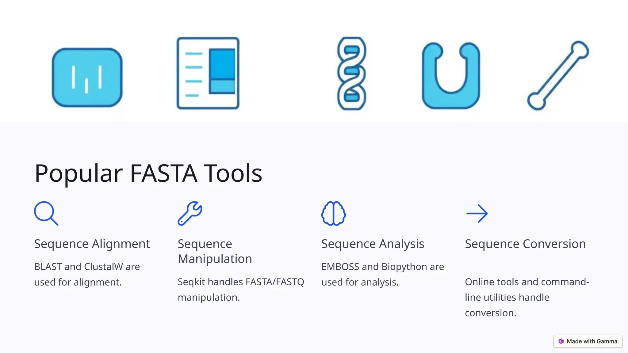 Popular FASTA Tools
Sequence Alignment
BLAST and ClustalW are
used for alignment.
Sequence
Manipulation
Seqkit handles FASTA/FASTQ
manipulation.
Sequence Analysis
EMBOSS and Biopython are
used for analysis.
Sequence Conversion
Online tools and command-
line utilities handle
conversion.
 