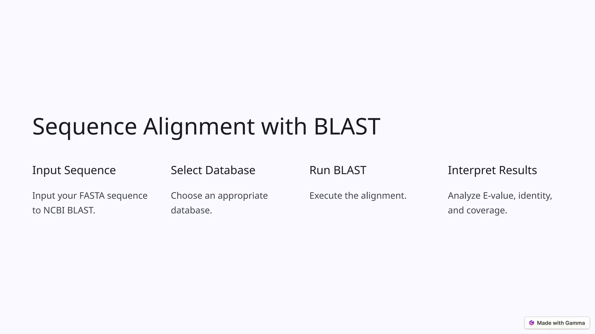 Sequence Alignment with BLAST
Input Sequence
Input your FASTA sequence
to NCBI BLAST.
Select Database
Choose an appropriate
database.
Run BLAST
Execute the alignment.
Interpret Results
Analyze E-value, identity,
and coverage.
 