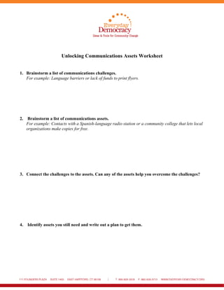 Unlocking Communications Assets Worksheet
1. Brainstorm a list of communications challenges.
For example: Language barriers or lack of funds to print flyers.
2. Brainstorm a list of communications assets.
For example: Contacts with a Spanish-language radio station or a community college that lets local
organizations make copies for free.
3. Connect the challenges to the assets. Can any of the assets help you overcome the challenges?
4. Identify assets you still need and write out a plan to get them.
 