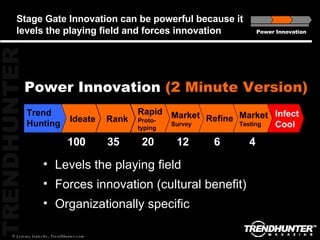 Stage Gate Innovation can be powerful because it levels the playing field and forces innovation Power Innovation Power Innovation  (2 Minute Version) ,[object Object],[object Object],[object Object],Trend Hunting Infect Cool Ideate Rapid Proto-typing Rank Market Survey Refine Market Testing 100 35 20 12 6 4 