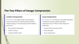 The Two Pillars of Image Compression
Lossless Compression
No data loss. The original image can be perfectly
reconstructed from the compressed data. Ideal for
medical imaging or archival purposes where fidelity is
paramount.
• Run-Length Encoding (RLE)
• Huffman Coding
• Lempel-Ziv-Welch (LZW)
Lossy Compression
Some data is lost. This leads to irreversible degradation
in quality but achieves significantly higher
compression ratios. Perfect for web images and
multimedia.
• Discrete Cosine Transform (DCT)
• JPEG / JPEG2000
• Vector Quantization
 