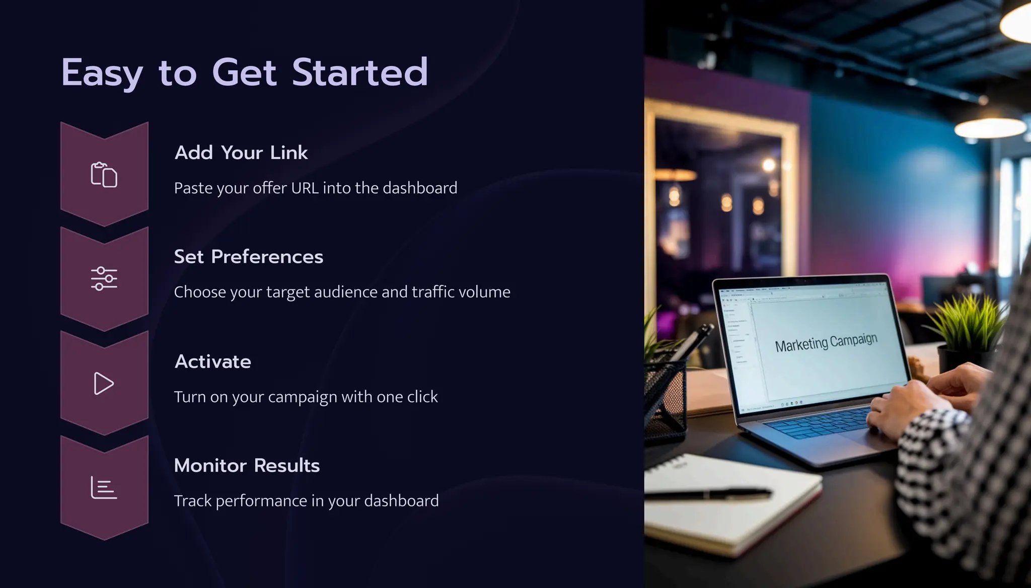 Easy to Get Started
Add Your Link
Paste your offer URL into the dashboard
Set Preferences
Choose your target audience and traffic volume
Activate
Turn on your campaign with one click
Monitor Results
Track performance in your dashboard
 