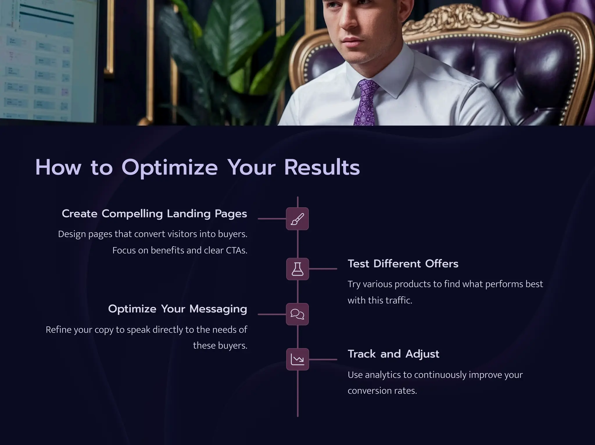 How to Optimize Your Results
Create Compelling Landing Pages
Design pages that convert visitors into buyers.
Focus on benefits and clear CTAs.
Test Different Offers
Try various products to find what performs best
with this traffic.
Optimize Your Messaging
Refine your copy to speak directly to the needs of
these buyers.
Track and Adjust
Use analytics to continuously improve your
conversion rates.
 