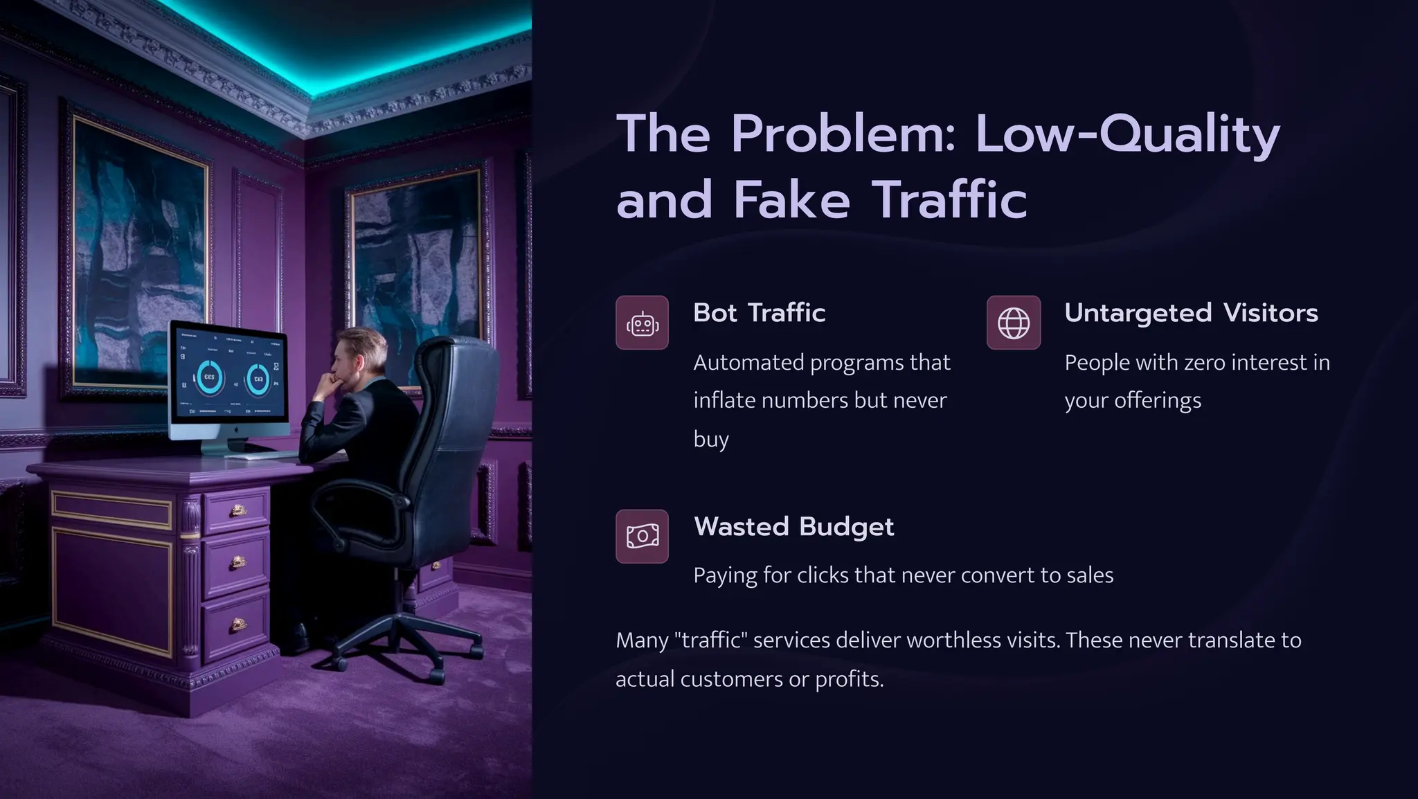 The Problem: Low-Quality
and Fake Traffic
Bot Traffic
Automated programs that
inflate numbers but never
buy
Untargeted Visitors
People with zero interest in
your offerings
Wasted Budget
Paying for clicks that never convert to sales
Many "traffic" services deliver worthless visits. These never translate to
actual customers or profits.
 