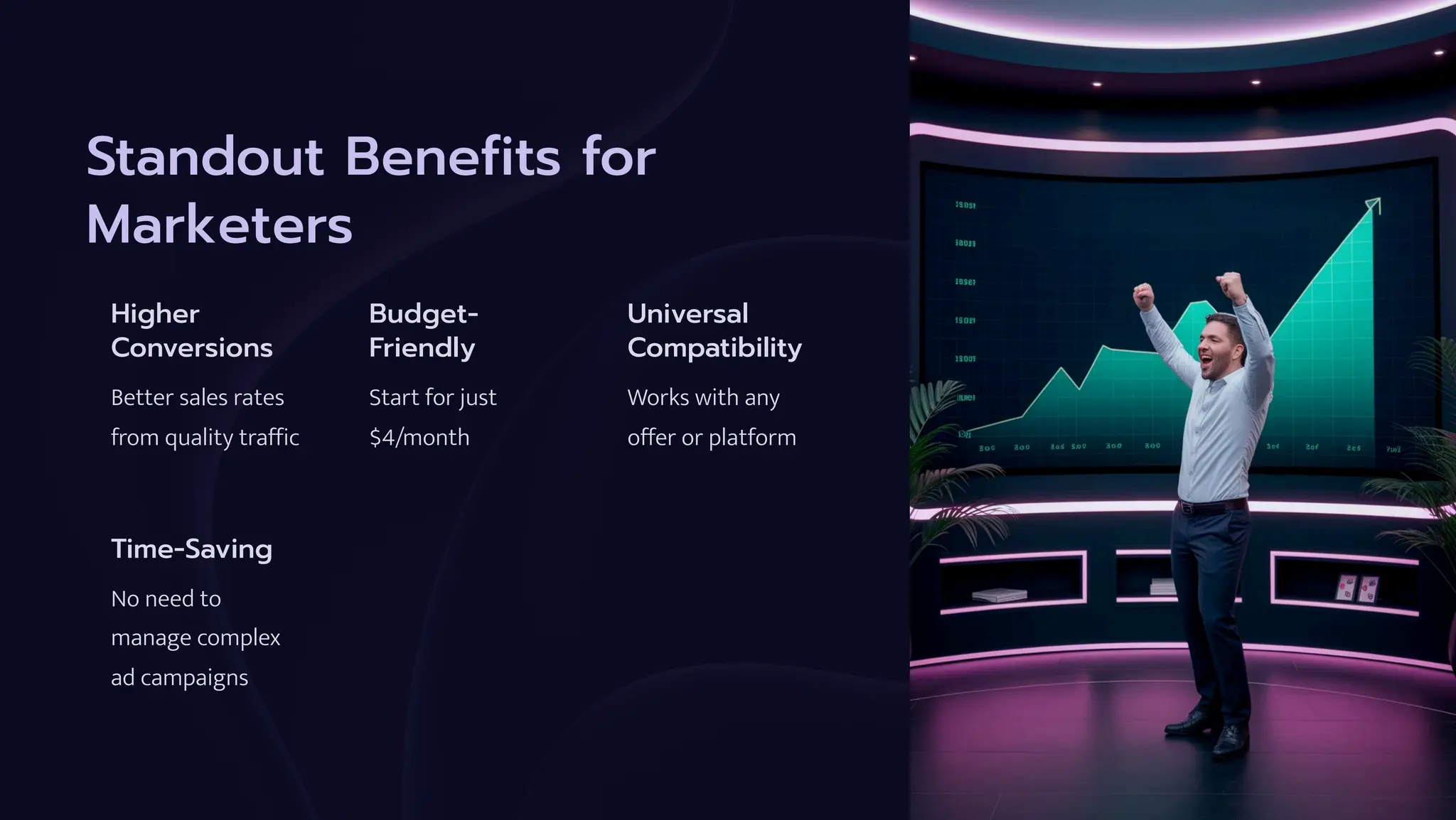 Standout Benefits for
Marketers
Higher
Conversions
Better sales rates
from quality traffic
Budget-
Friendly
Start for just
$4/month
Universal
Compatibility
Works with any
offer or platform
Time-Saving
No need to
manage complex
ad campaigns
 