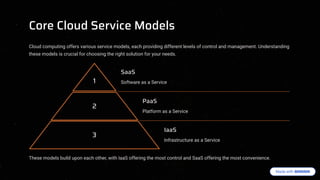 Core Cloud Service Models
Cloud computing offers various service models, each providing different levels of control and management. Understanding
these models is crucial for choosing the right solution for your needs.
1
SaaS
Software as a Service
2
PaaS
Platform as a Service
3
IaaS
Infrastructure as a Service
These models build upon each other, with IaaS offering the most control and SaaS offering the most convenience.
 