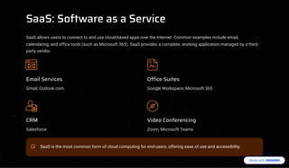 SaaS: Software as a Service
SaaS allows users to connect to and use cloud-based apps over the Internet. Common examples include email,
calendaring, and office tools (such as Microsoft 365). SaaS provides a complete, working application managed by a third-
party vendor.
Email Services
Gmail, Outlook.com
Office Suites
Google Workspace, Microsoft 365
CRM
Salesforce
Video Conferencing
Zoom, Microsoft Teams
SaaS is the most common form of cloud computing for end-users, offering ease of use and accessibility.
 