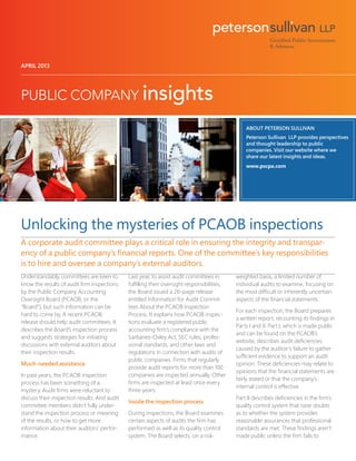 APRIL 2013
ABOUT PETERSON SULLIVAN
Peterson Sullivan LLP provides perspectives
and thought leadership to public
companies. Visit our website where we
share our latest insights and ideas.
www.pscpa.com
Unlocking the mysteries of PCAOB inspections
A corporate audit committee plays a critical role in ensuring the integrity and transpar-
ency of a public company’s financial reports. One of the committee’s key responsibilities
is to hire and oversee a company’s external auditors.
Understandably, committees are keen to
know the results of audit firm inspections
by the Public Company Accounting
Oversight Board (PCAOB, or the
“Board”), but such information can be
hard to come by. A recent PCAOB
release should help audit committees. It
describes the Board’s inspection process
and suggests strategies for initiating
discussions with external auditors about
their inspection results.
Much-needed assistance
In past years, the PCAOB inspection
process has been something of a
mystery. Audit firms were reluctant to
discuss their inspection results. And audit
committee members didn’t fully under-
stand the inspection process or meaning
of the results, or how to get more
information about their auditors’ perfor-
mance.
Last year, to assist audit committees in
fulfilling their oversight responsibilities,
the Board issued a 26-page release
entitled Information for Audit Commit-
tees About the PCAOB Inspection
Process. It explains how PCAOB inspec-
tions evaluate a registered public
accounting firm’s compliance with the
Sarbanes-Oxley Act, SEC rules, profes-
sional standards, and other laws and
regulations in connection with audits of
public companies. Firms that regularly
provide audit reports for more than 100
companies are inspected annually. Other
firms are inspected at least once every
three years.
Inside the inspection process
During inspections, the Board examines
certain aspects of audits the firm has
performed as well as its quality control
system. The Board selects, on a risk-
weighted basis, a limited number of
individual audits to examine, focusing on
the most difficult or inherently uncertain
aspects of the financial statements.
For each inspection, the Board prepares
a written report, recounting its findings in
Parts I and II. Part I, which is made public
and can be found on the PCAOB’s
website, describes audit deficiencies
caused by the auditor’s failure to gather
sufficient evidence to support an audit
opinion. These deficiencies may relate to
opinions that the financial statements are
fairly stated or that the company’s
internal control is effective.
Part II describes deficiencies in the firm’s
quality control system that raise doubts
as to whether the system provides
reasonable assurances that professional
standards are met. These findings aren’t
made public unless the firm fails to
 