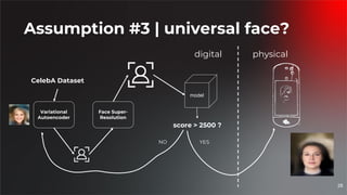 28
Assumption #3 | universal face?
Variational
Autoencoder
CelebA Dataset
Face Super-
Resolution
model
score > 2500 ?
digital physical
NO YES
 