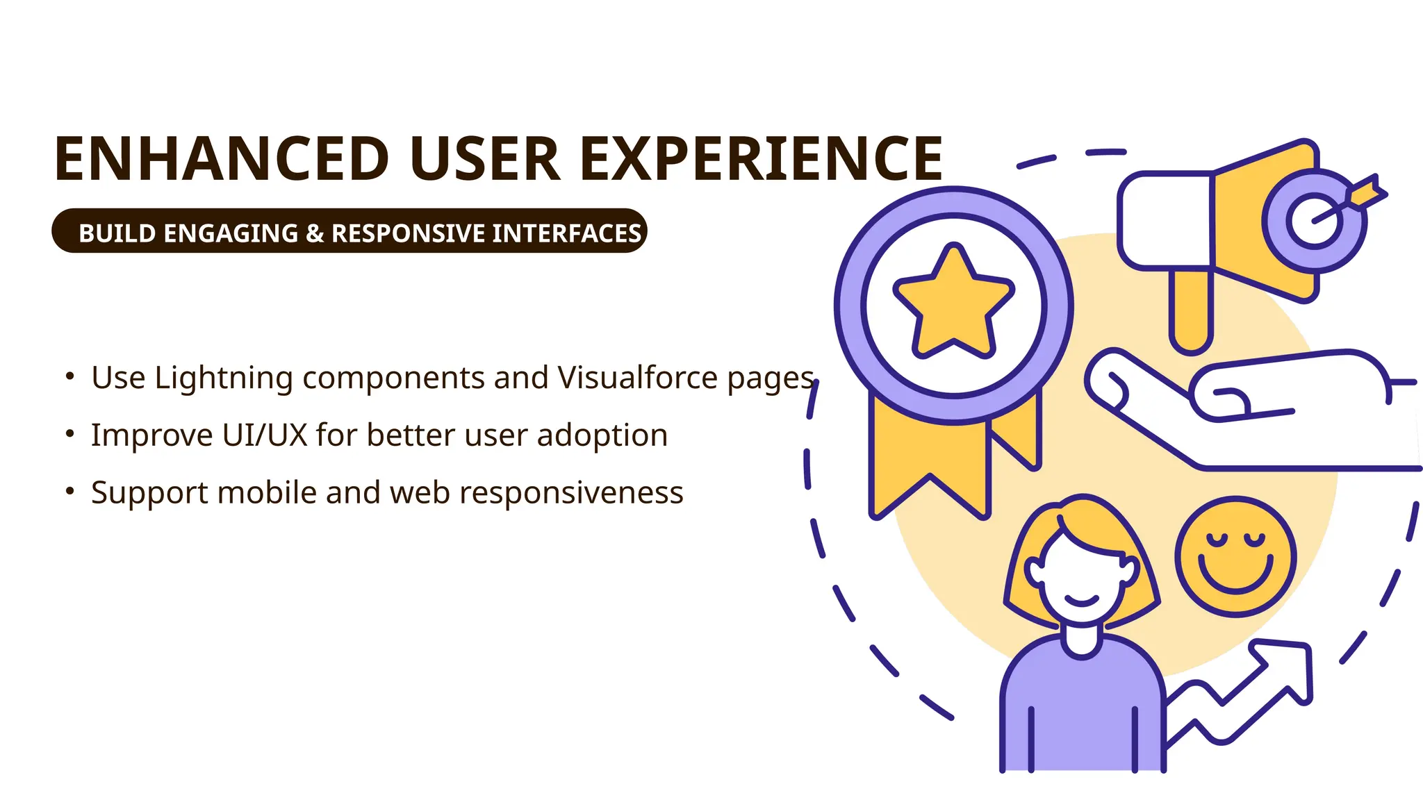 ENHANCED USER EXPERIENCE
BUILD ENGAGING & RESPONSIVE INTERFACES
• Use Lightning components and Visualforce pages
• Improve UI/UX for better user adoption
• Support mobile and web responsiveness
 