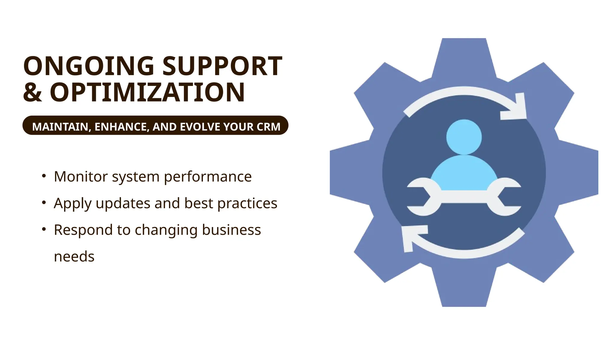 ONGOING SUPPORT
& OPTIMIZATION
MAINTAIN, ENHANCE, AND EVOLVE YOUR CRM
• Monitor system performance
• Apply updates and best practices
• Respond to changing business
needs
 