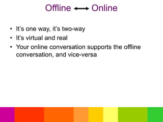 Offline Online
• It’s one way, it’s two-way
• It’s virtual and real
• Your online conversation supports the offline
conversation, and vice-versa
 