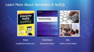 Learn More About Semantics & NoSQL 
Read 
nosqlfordummies.com 
Ask 
Team is here today! 
Download 
Semantics Paper 
 