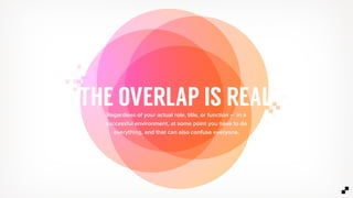 THE OVERLAP IS REAL.Regardless of your actual role, title, or function – in a
successful environment, at some point you have to do
everything, and that can also confuse everyone.
 