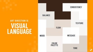 VISUAL
LANGUAGE
ART DIRECTION IS
TONE
COLOR
PALETTE
MOOD
FLOW
BALANCE
TEXTURE
CONSISTENCY
MESSAGE
 
