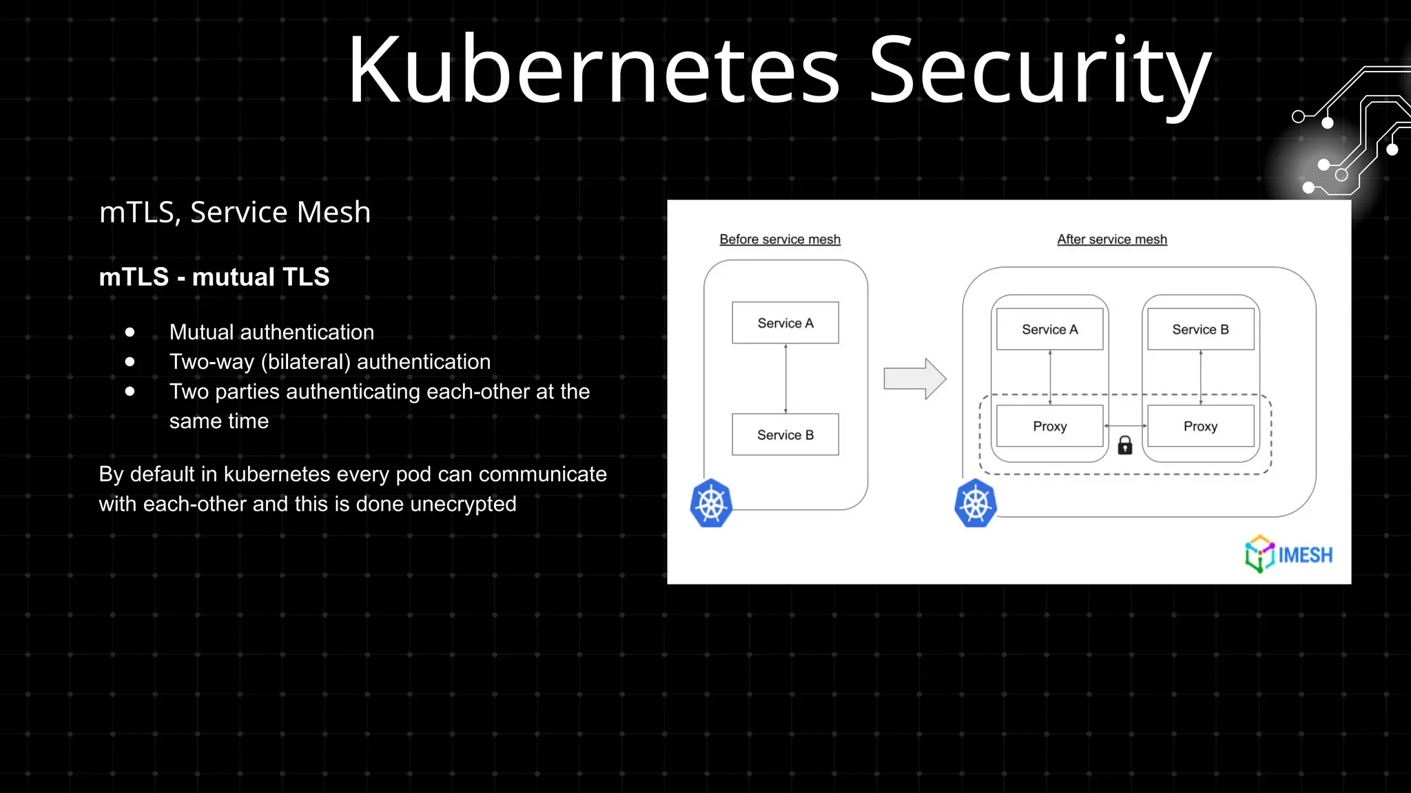 mTLS, Service Mesh
mTLS - mutual TLS
● Mutual authentication
● Two-way (bilateral) authentication
● Two parties authenticating each-other at the
same time
By default in kubernetes every pod can communicate
with each-other and this is done unecrypted
Kubernetes Security
 