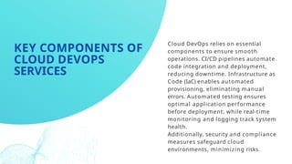 Cloud DevOps relies on essential
components to ensure smooth
operations. CI/CD pipelines automate
code integration and deployment,
reducing downtime. Infrastructure as
Code (IaC) enables automated
provisioning, eliminating manual
errors. Automated testing ensures
optimal application performance
before deployment, while real-time
monitoring and logging track system
health.
Additionally, security and compliance
measures safeguard cloud
environments, minimizing risks.
KEY COMPONENTS OF
CLOUD DEVOPS
SERVICES
 
