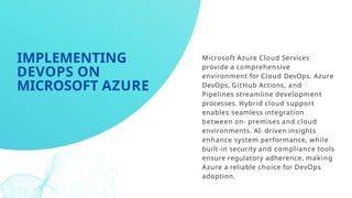 Microsoft Azure Cloud Services
provide a comprehensive
environment for Cloud DevOps. Azure
DevOps, GitHub Actions, and
Pipelines streamline development
processes. Hybrid cloud support
enables seamless integration
between on- premises and cloud
environments. AI- driven insights
enhance system performance, while
built-in security and compliance tools
ensure regulatory adherence, making
Azure a reliable choice for DevOps
adoption.
IMPLEMENTING
DEVOPS ON
MICROSOFT AZURE
 