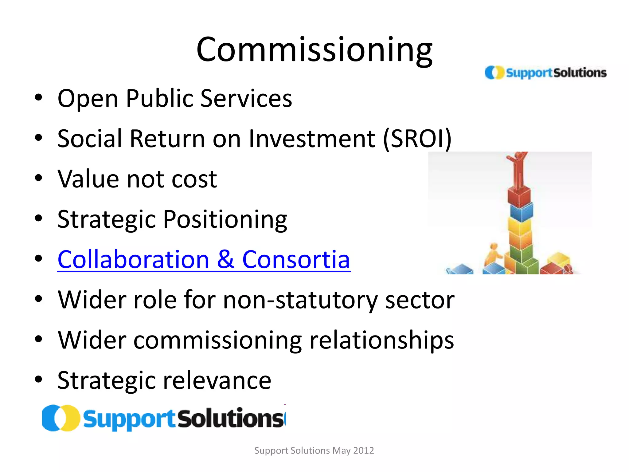 Commissioning
•   Open Public Services
•   Social Return on Investment (SROI)
•   Value not cost
•   Strategic Positioning
•   Collaboration & Consortia
•   Wider role for non-statutory sector
•   Wider commissioning relationships
•   Strategic relevance

                     Support Solutions May 2012
 