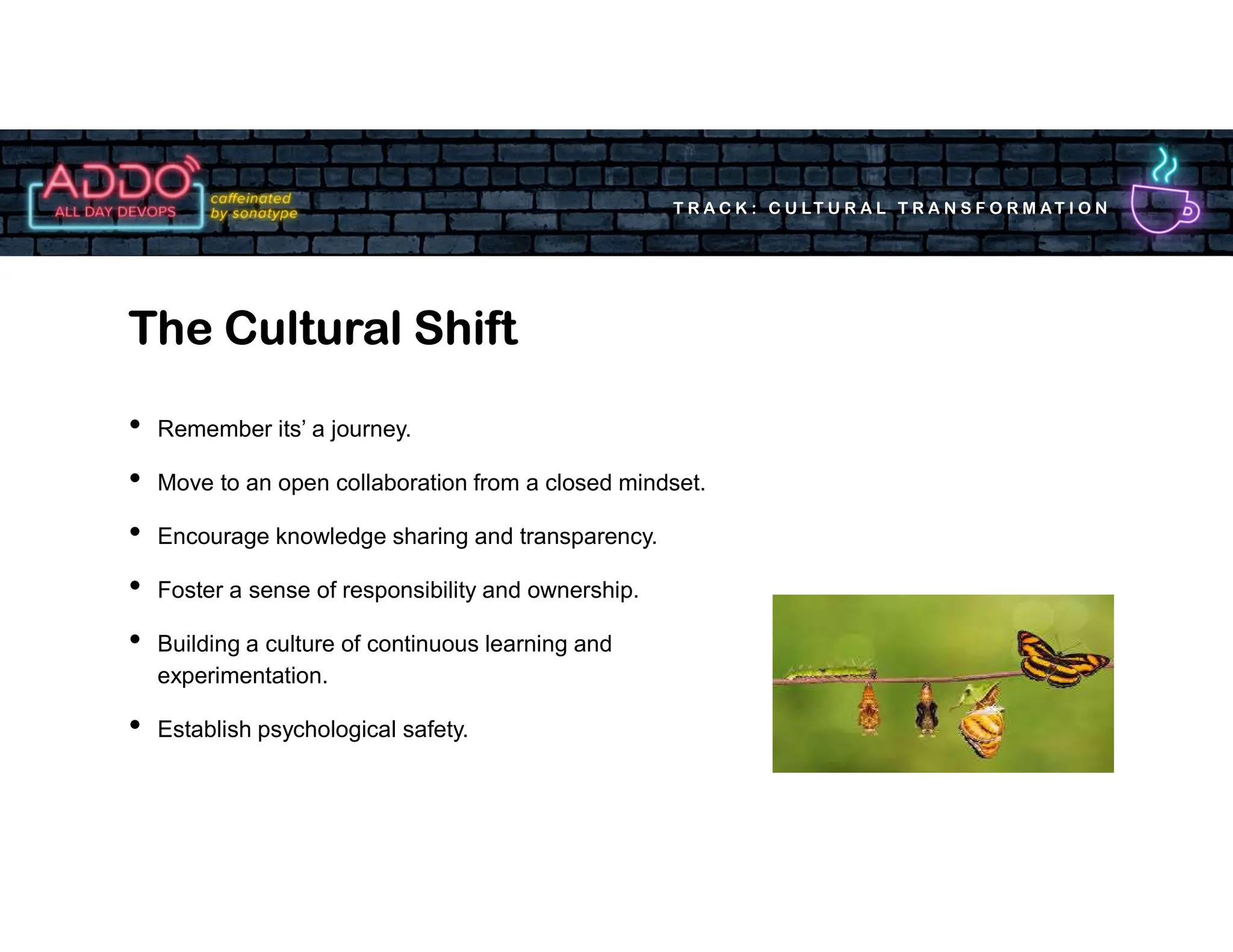 T R A C K : C U LT U R A L T R A N S F O R M AT I O N
• Remember its’ a journey.
• Move to an open collaboration from a closed mindset.
• Encourage knowledge sharing and transparency.
• Foster a sense of responsibility and ownership.
• Building a culture of continuous learning and
experimentation.
• Establish psychological safety.
The Cultural Shift
 