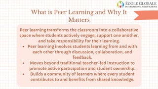 Peer learning transforms the classroom into a collaborative
space where students actively engage, support one another,
and take responsibility for their learning.
Peer learning involves students learning from and with
each other through discussion, collaboration, and
feedback.
Moves beyond traditional teacher-led instruction to
promote active participation and student ownership.
Builds a community of learners where every student
contributes to and benefits from shared knowledge.
What is Peer Learning and Why It
Matters
 