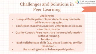 Challenges:
Unequal Participation: Some students may dominate,
while others stay quiet.
Conflict or Miscommunication: Differences in opinion
can create tension.
Quality Control: Peers may share incorrect information
without realizing.
Solutions:
Teach collaborative skills (e.g., active listening, conflict
resolution).
Use rotating roles to balance participation.
Challenges and Solutions in
Peer Learning
 