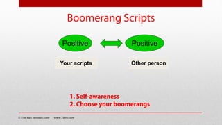 NegativePositive Positive
Your scripts Other person
1. Self-awareness
2. Choose your boomerangs
Boomerang Scripts
© Eve Ash eveash.com www.7d-tv.com
 