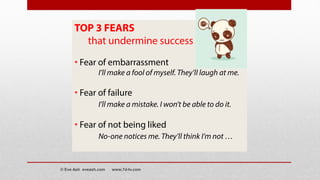 TOP 3 FEARS
that undermine success
• Fear of embarrassment
I’ll make a fool of myself. They’ll laugh at me.
• Fear of failure
I’ll make a mistake. I won’t be able to do it.
• Fear of not being liked
No-one notices me. They’ll think I’m not …
© Eve Ash eveash.com www.7d-tv.com
 