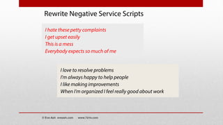 I hate these petty complaints
I get upset easily
This is a mess
Everybody expects so much of me
I love to resolve problems
I’m always happy to help people
I like making improvements
When I’m organized I feel really good about work
Rewrite Negative Service Scripts
© Eve Ash eveash.com www.7d-tv.com
 