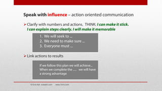 Speak with influence – action oriented communication
Clarify with numbers and actions. THINK: I can make it stick.
I can explain steps clearly. I will make it memorable
Link actions to results
1. We will seek to ...
2. We need to make sure ...
3. Everyone must ...
If we follow this plan we will achieve...
When we complete the ..... we will have
a strong advantage
© Eve Ash eveash.com www.7d-tv.com
 