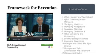 Framework for Execution Short Video Series
1. Q&A: Manager and Psychologist
2. Q&A: Essentials for New
Managers
3. The Aging Workforce
4. Managing Multiple Sites
5. Succession Planning
6. Managing Generation Y
7. Q&A: Delegating and
Empowering
8. Building Strategic Alliances
9. Improving Governance
10.Manager and Friend: The Right
Balance
11.Management Styles:
Authoritarian and Delegative
12.Management Styles:
 