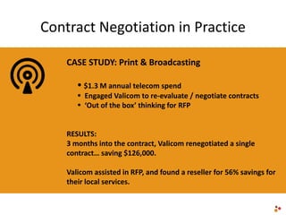 Contract Negotiation in Practice
CASE STUDY: Print & Broadcasting
 $1.3 M annual telecom spend
 Engaged Valicom to re-evaluate / negotiate contracts
 ‘Out of the box’ thinking for RFP
RESULTS:
3 months into the contract, Valicom renegotiated a single
contract… saving $126,000.
Valicom assisted in RFP, and found a reseller for 56% savings for
their local services.
 