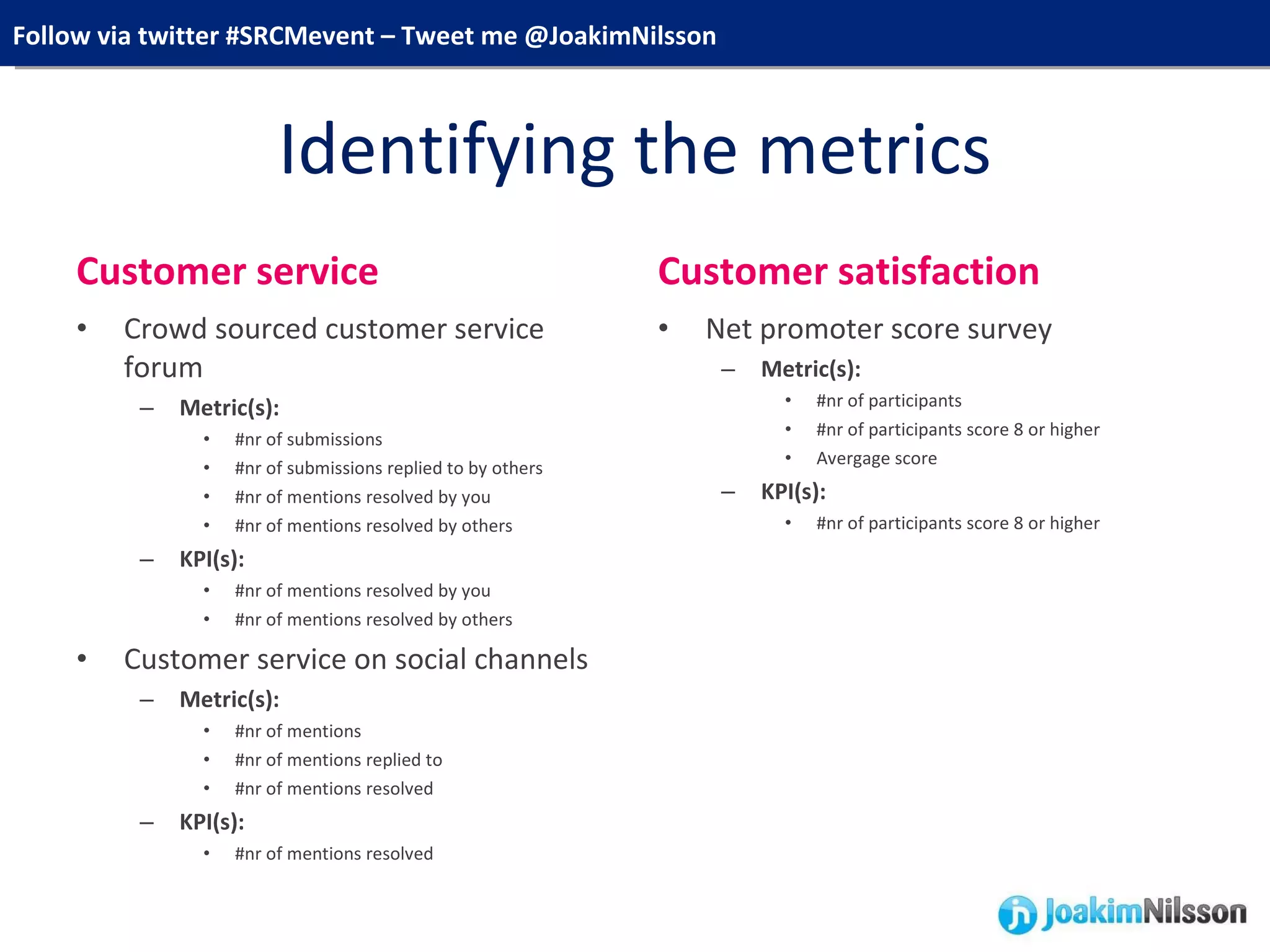 Identifying the metrics Customer service Crowd sourced customer service forum Metric(s):   #nr of submissions  #nr of submissions replied to by others #nr of mentions resolved by you #nr of mentions resolved by others KPI(s):  #nr of mentions resolved by you #nr of mentions resolved by others Customer service on social channels Metric(s):   #nr of mentions  #nr of mentions replied to #nr of mentions resolved KPI(s):  #nr of mentions resolved Customer satisfaction Net promoter score survey Metric(s):   #nr of participants #nr of participants score 8 or higher Avergage score KPI(s):  #nr of participants score 8 or higher 