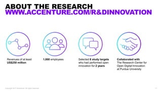 ABOUT THE RESEARCH
WWW.ACCENTURE.COM/RANDDINNOVATION
Copyright 2017 Accenture. All rights reserved. 11
Collaborated with
The Research Center for
Open Digital Innovation
at Purdue University
Revenues of at least
US$250 million
1,000 employees Selected 8 study targets
who had performed open
innovation for 2 years
 