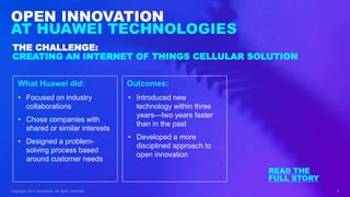 OPEN INNOVATION
AT HUAWEI TECHNOLOGIES
Copyright 2017 Accenture. All rights reserved. 8
THE CHALLENGE:
CREATING AN INTERNET OF THINGS CELLULAR SOLUTION
Outcomes:What Huawei did:
• Focused on industry
collaborations
• Chose companies with
shared or similar interests
• Designed a problem-
solving process based
around customer needs
• Introduced new
technology within three
years—two years faster
than in the past
• Developed a more
disciplined approach to
open innovation
READ THE
FULL STORY
 