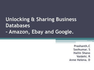 Unlocking & Sharing Business Databases– Amazon, Ebay and Google. Prashanth.C Sasikumar. S HallinShano Vaidehi. R Anne Helena. D 