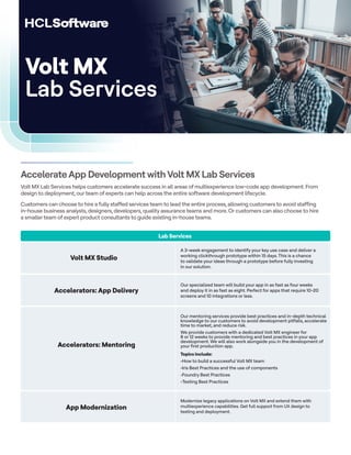AccelerateApp Development withVolt MX Lab Services
Volt MX Lab Services helps customers accelerate success in all areas of multiexperience low-code app development. From
design to deployment, our team of experts can help across the entire software development lifecycle.
Customers can choose to hire a fully staffed services team to lead the entire process, allowing customers to avoid staffing
in-house business analysts, designers, developers, quality assurance teams and more. Or customers can also choose to hire
a smaller team of expert product consultants to guide existing in-house teams.
Volt MX
Lab Services
Volt MX Studio
Accelerators: App Delivery
Accelerators: Mentoring
App Modernization
A 3-week engagement to identify your key use case and deliver a
working clickthrough prototype within 15 days. This is a chance
to validate your ideas through a prototype before fully investing
in our solution.
Our specialized team will build your app in as fast as four weeks
and deploy it in as fast as eight. Perfect for apps that require 10-20
screens and 10 integrations or less.
Our mentoring services provide best practices and in-depth technical
knowledge to our customers to avoid development pitfalls, accelerate
time to market, and reduce risk.
We provide customers with a dedicated Volt MX engineer for
8 or 12 weeks to provide mentoring and best practices in your app
development. We will also work alongside you in the development of
your first production app.
Topics include:
•How to build a successful Volt MX team
•Iris Best Practices and the use of components
•Foundry Best Practices
•Testing Best Practices
Modernize legacy applications on Volt MX and extend them with
multiexperience capabilities. Get full support from UX design to
testing and deployment.
Lab Services
 