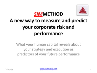 SIMMETHOD
A new way to measure and predict
your corporate risk and
performance
What your human capital reveals about
your strategy and execution as
predictors of your future performance

2/15/2014

WWW.SIMMETHOD.COM

1

 
