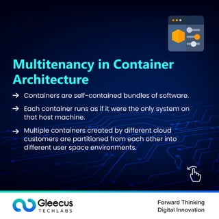 Forward Thinking
Digital Innovation
Multitenancy in Container
Architecture
Containers are self-contained bundles of software.
Each container runs as if it were the only system on
that host machine.
Multiple containers created by different cloud
customers are partitioned from each other into
different user space environments.
 