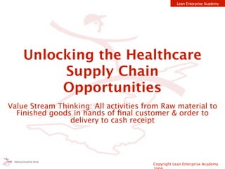Copyright Lean Enterprise Academy
Lean Enterprise Academy
Unlocking the Healthcare
Supply Chain
Opportunities
Value Stream Thinking: All activities from Raw material to
Finished goods in hands of ﬁnal customer & order to
delivery to cash receipt
 