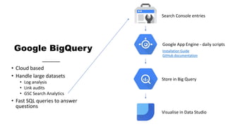 Google BigQuery
• Cloud based
• Handle large datasets
• Log analysis
• Link audits
• GSC Search Analytics
• Fast SQL queri...