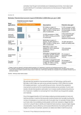 75McKinsey Global Institute	 The Internet of Things: Mapping the value beyond the hype
worksites. Even though most worksites are in developing economies, more value could
be generated by IoT in worksites in advanced economies because of higher potential
adoption rates.
Operations optimization
We estimate that operations improvements based on IoT technology could be worth
$50 billion to $470 billion per year across worksite industries in 2025. While this includes
IoT-enabled automation—such as self-driving ore trucks—the bulk of the operations
improvements would come from streamlining processes across worksites. Current case
studies indicate that operations optimization can increase overall worksite productivity by
5 to 10 percent, in addition to cost savings from more efficient use of equipment, people,
and materials.
One of the biggest benefits of IoT technology is allowing worksite operators to track and
optimize activities in real time that previously could be tracked only manually (counting the
number of employees on a construction site on any given day, for example). Simply making
such basic data more available provides greater control over operations. Bigger benefits
come from using IoT data to identify and implement best practices, impose a higher degree
of predictability, improve efficiency, and increase effectiveness. By tracking all the small
stages of a process, for example, operators can detect anomalies in real time (such as
Exhibit 19
Worksites: Potential direct economic impact of $160 billion to $930 billion per year in 2025
SOURCE: McKinsey Global Institute analysis
1 Ranges of values are adjusted for estimated potential penetration of IoT applications in advanced and developing economies (0–100%).
NOTE: Estimates of potential economic impact are for sized applications and not comprehensive estimates of potential impact. Estimates include consumer
surplus and cannot be related to potential company revenue, market size, or GDP impact; estimates are not adjusted for risk or probability. Numbers may not
sum due to rounding.
Sized
applications
Potential economic impact
$ billion annually
Assumptions Potential value gain1
17–
37
0.3–
3
1–
21
3–
29
56–
473
81–
363
Total = $160 billion–930 billion
Operations
optimization
Improved
equipment
maintenance
Health and
safety
management
$7.2 trillion in costs in 3
sectors; 10–20% penetration in
O&G, 25–80% in mining, up to
20% in construction
10–20% penetration in O&G,
40–100% in mining, up to 20%
in construction
$640 billion in costs in 3
sectors; 10–20% adoption in
O&G, 25–80% in mining, up to
20% in construction
5–10% increase in work-
site productivity; 10–20%
of consumables, 10–20%
of personnel
3–5% productivity gain;
5–10% of equipment
costs; 5–10% of
equipment maintenance
10–20% decrease in
health and safety costs
Usage-based
design
$760 billion in equipment costs
in 3 sectors; 30–50% adoption
in O&G, 40–100% in mining,
10–75% in construction
6% increase in
equipment supplier
revenue
Pre-sales
analytics
$760 billion in equipment costs
in 3 sectors; 30–50% adoption
in O&G, 40–100% in mining,
10–75% in construction
2% increase in
equipment supplier
revenue
Human
productivity
$590 billion in labor costs;
adoption 8–15% in advanced
economies, 2–5% in
developing
10% productivity
improvement
 