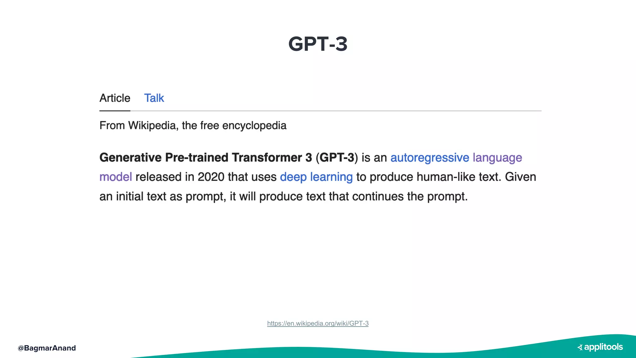 @BagmarAnand
GPT-3
https://en.wikipedia.org/wiki/GPT-3
 